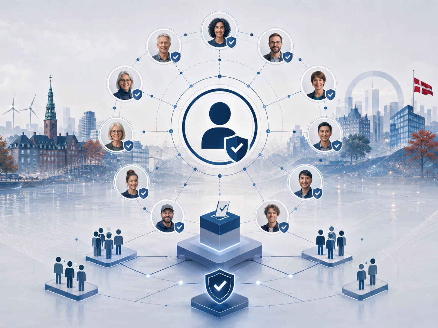 Verified members with equal votes around a shared decision-making table.