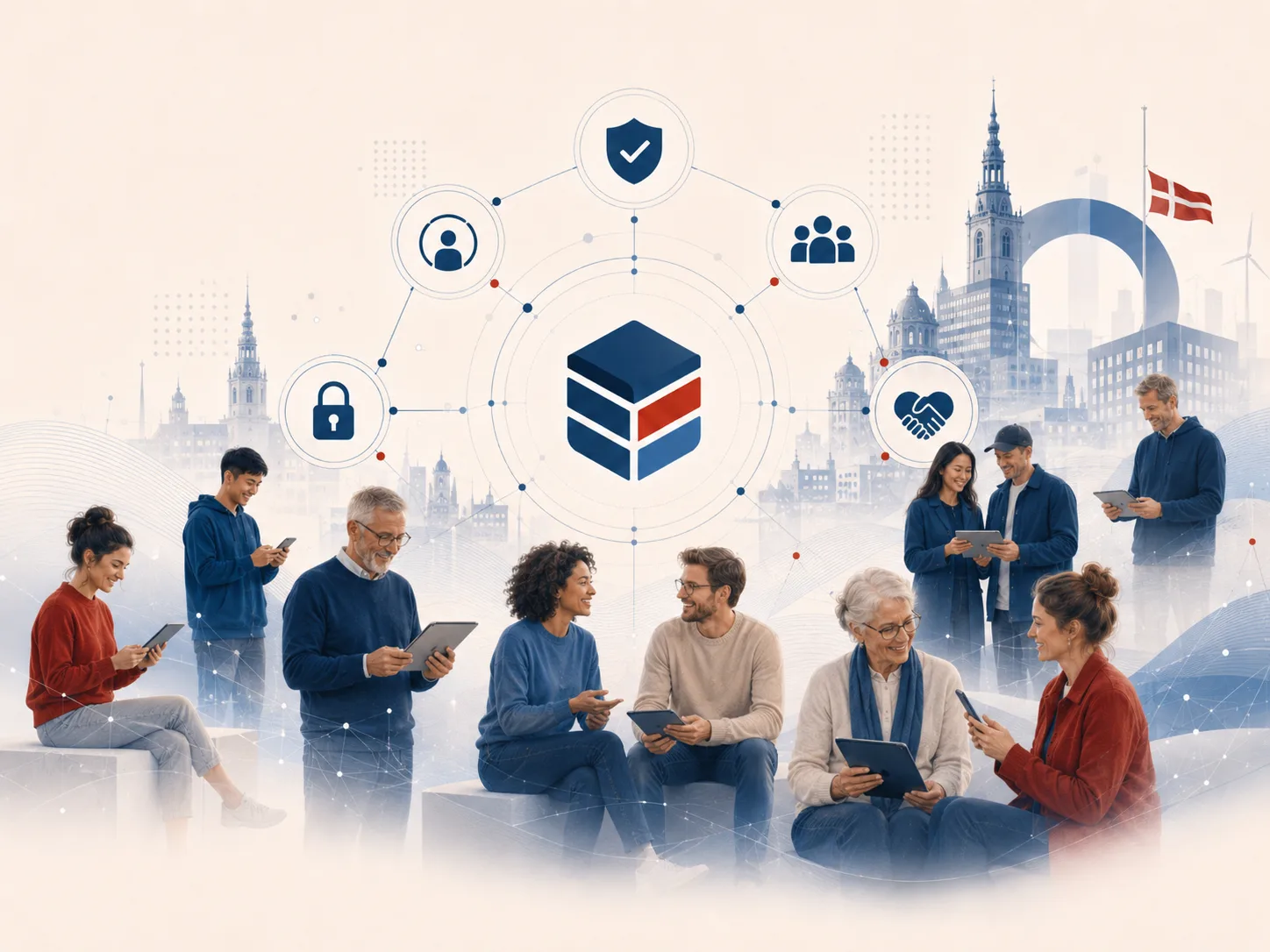 Verified people, identity checks and documented membership shown as one shared trust layer.