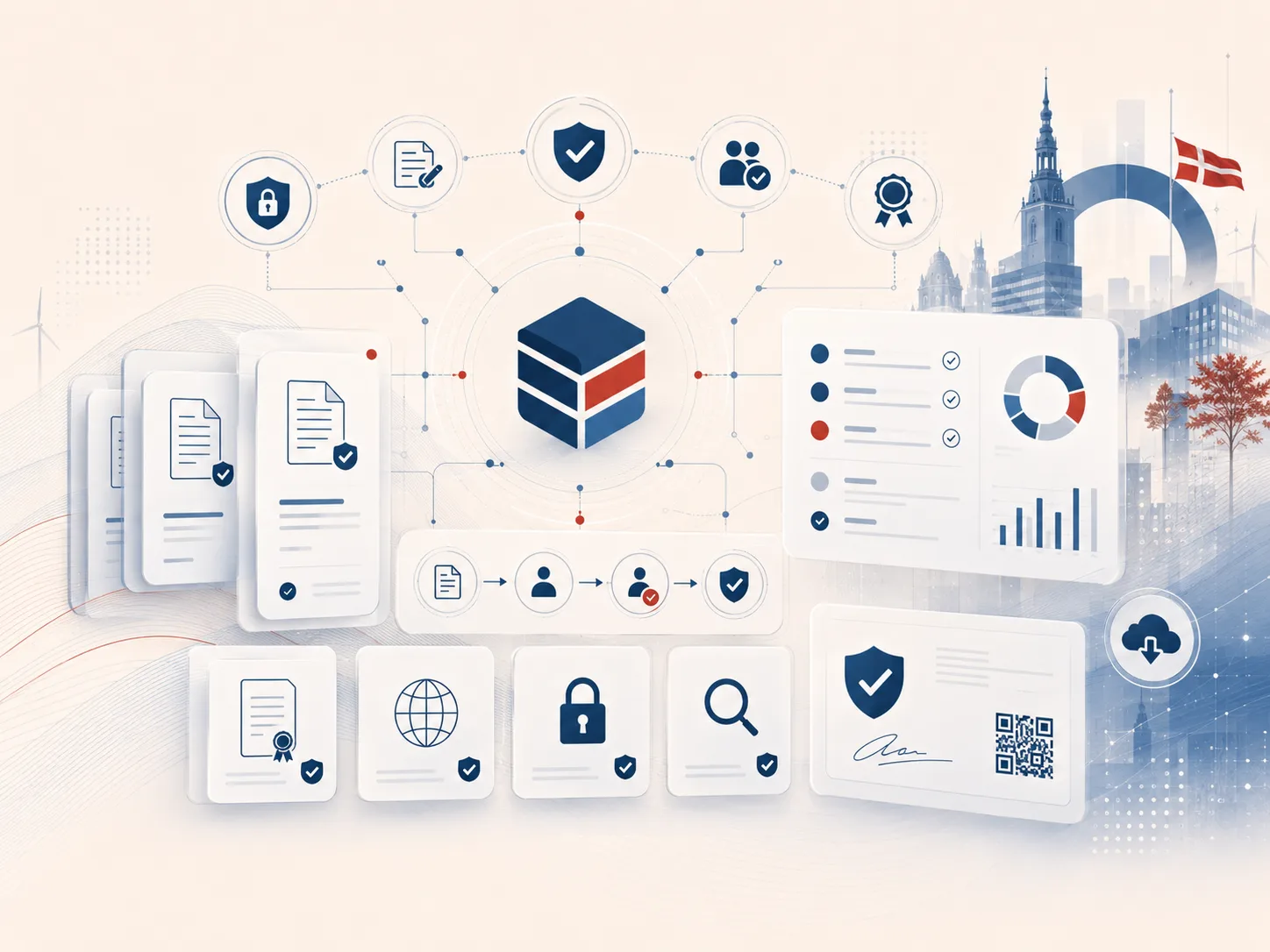 Versioned documents, approvals and registrations illustrated as a documentation trail.